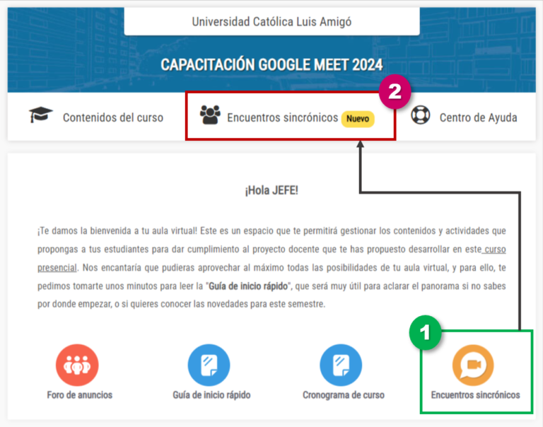 Cambio de ubicación de la opción de encuentros sincrónicos